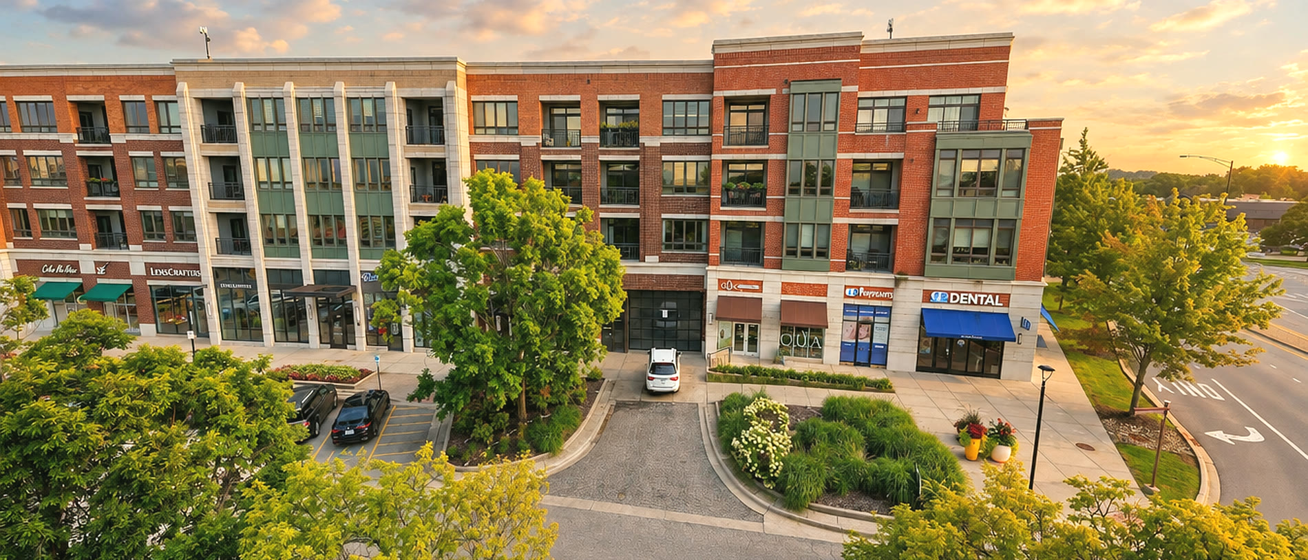 Burr Ridge Village Center from above at sunset; Qua is on the ground floor