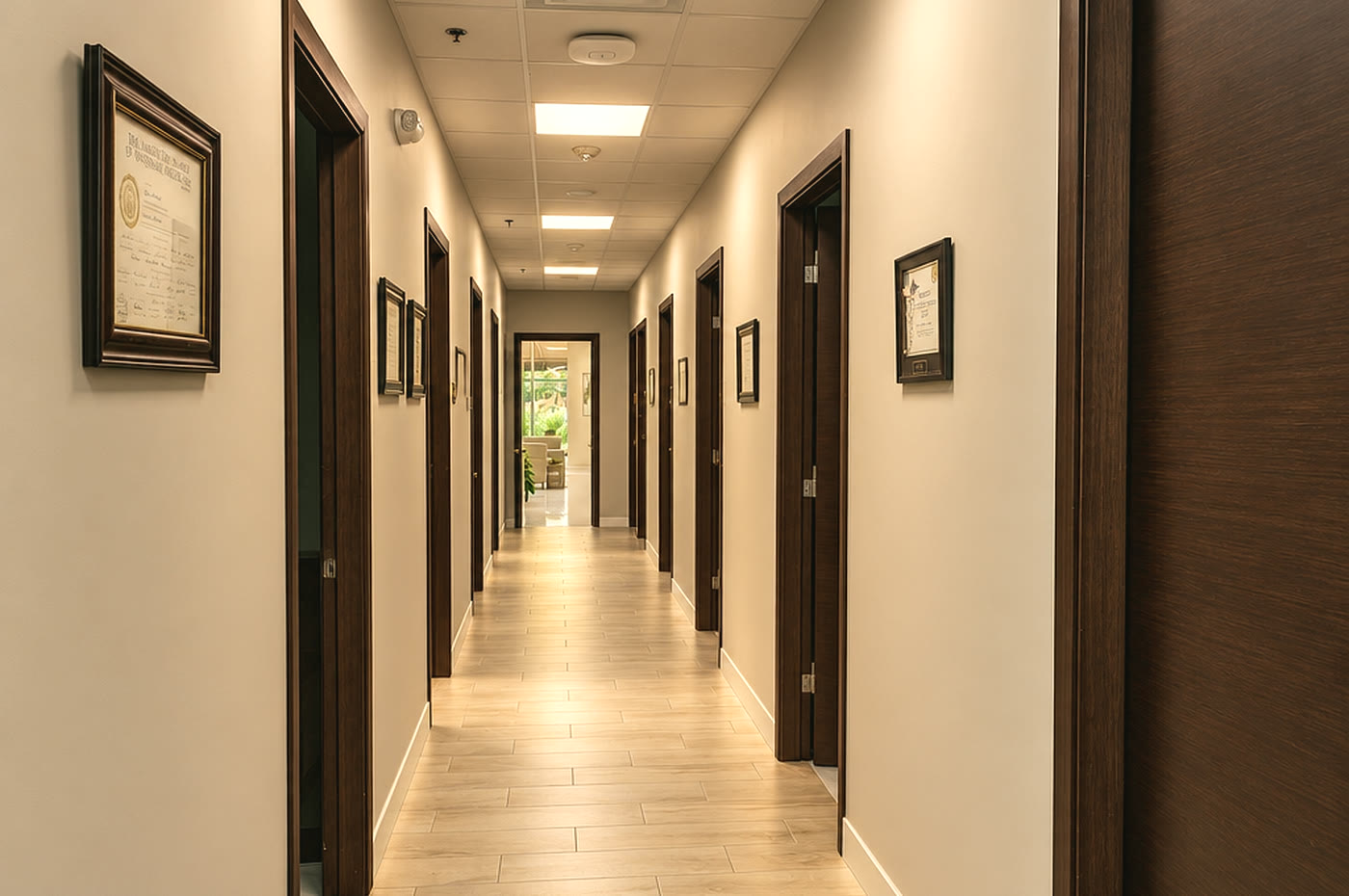 The private corridor to the treatment rooms, lined with Dr. Abboud's diplomas