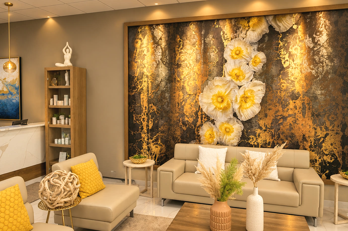 The Qua lounge, with cream sofas in front of the gold floral mural