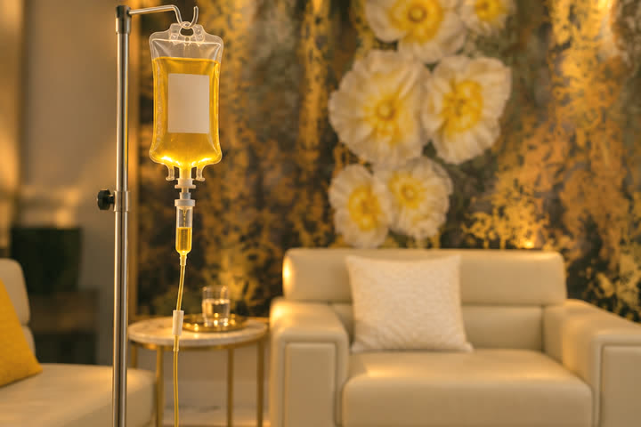 An IV drip beside an armchair in the Qua lounge