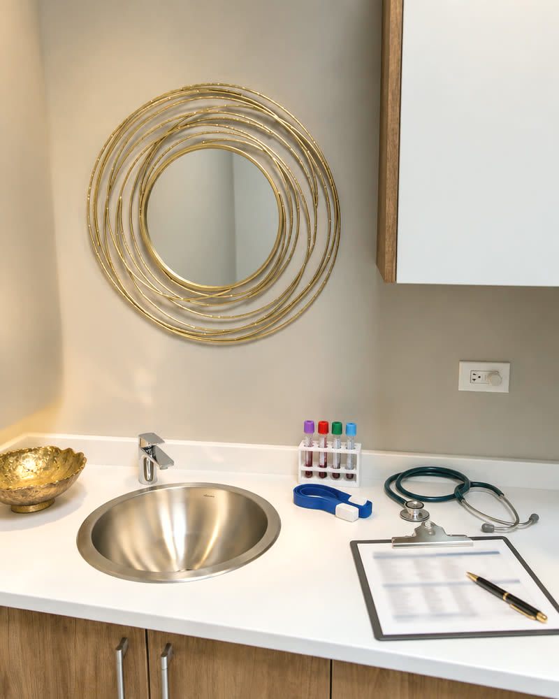 Lab tubes and a report on the counter of a Qua exam room