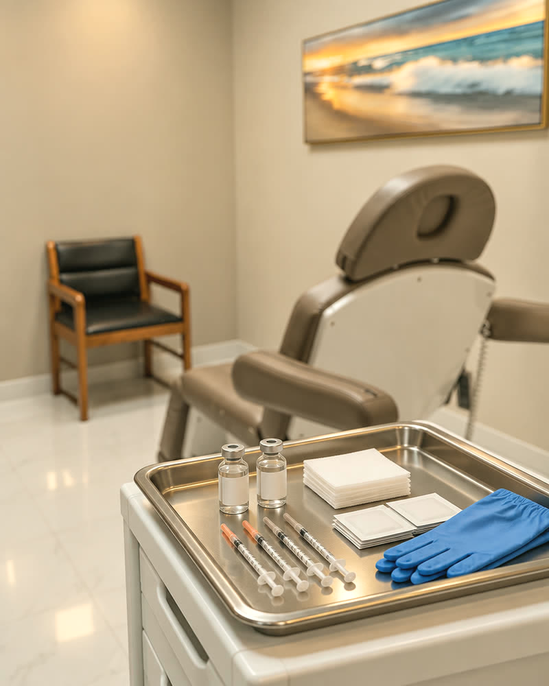 An injectables tray set beside the treatment chair at Qua