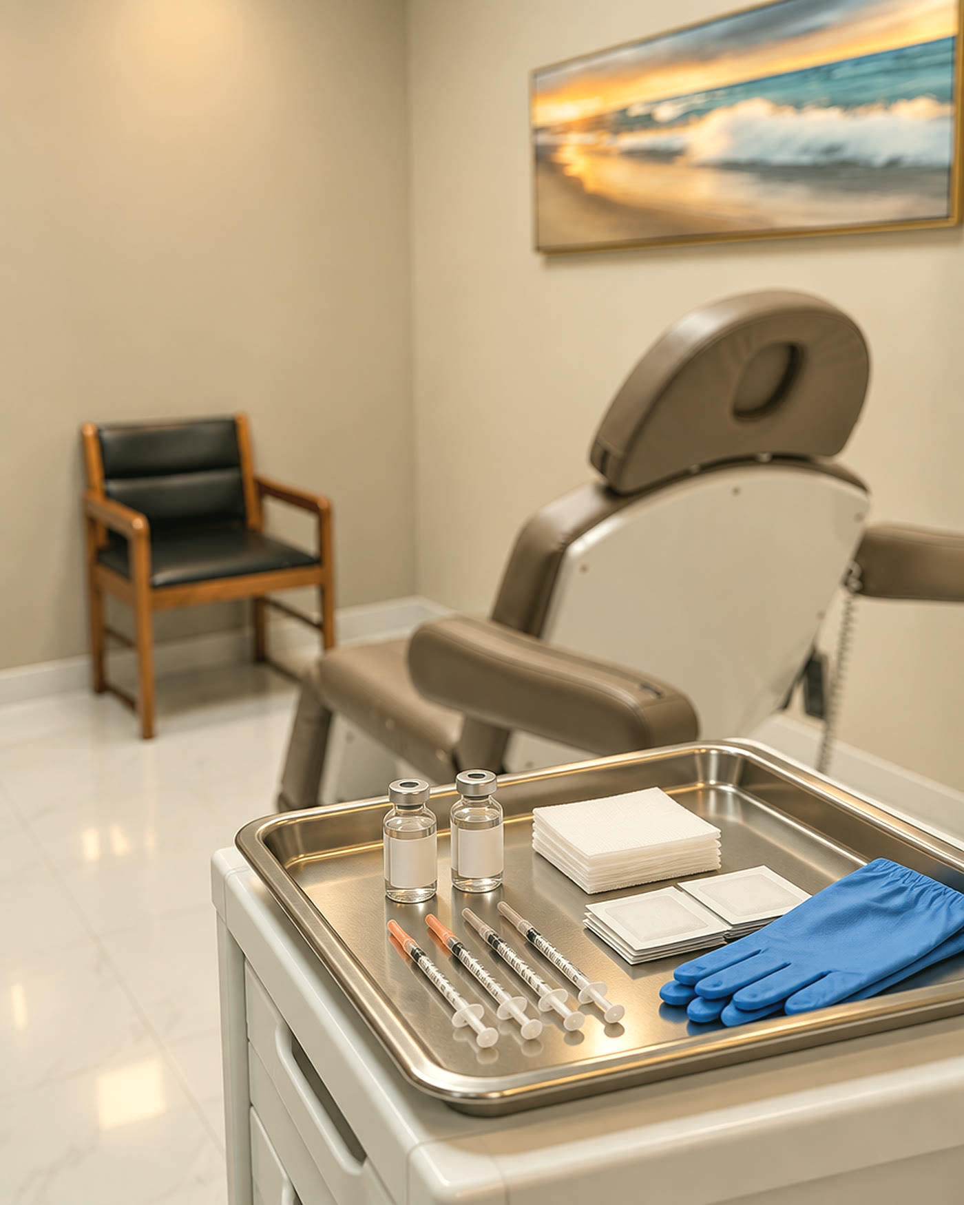 An injectables tray set beside the treatment chair at Qua