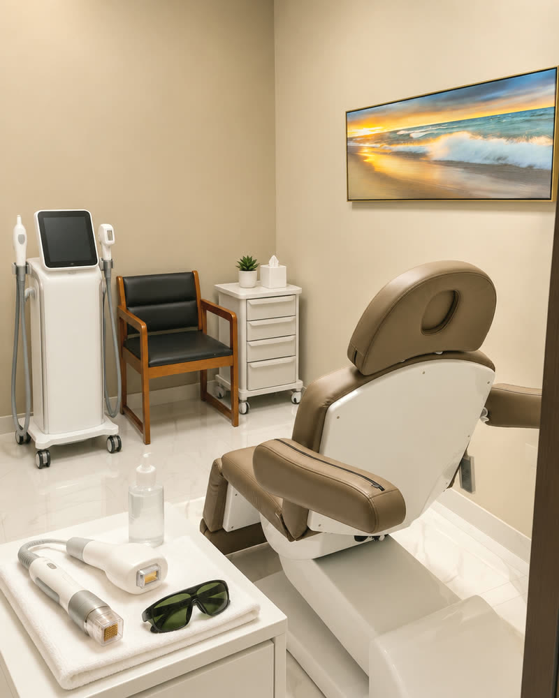 Skin treatment handpieces set out beside the treatment chair at Qua